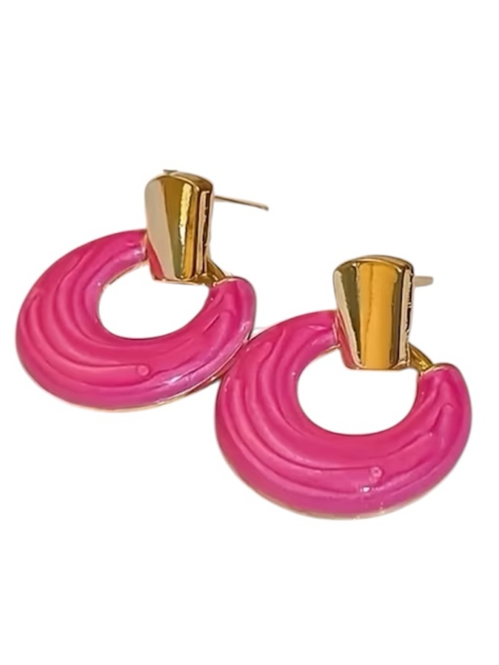 Swirly Bright Pink Enamel Door Knocker Style Gold Toned Stud Earrings